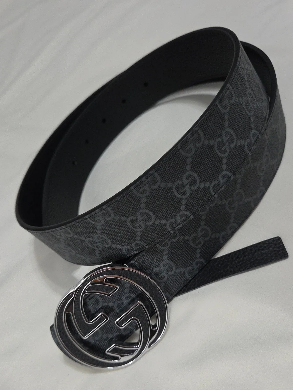 Gucci Black Leather Monogram Belt Silver Double GG Buckle